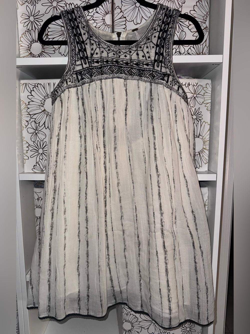 Free People Cream and Black Striped Embroidered Sundress